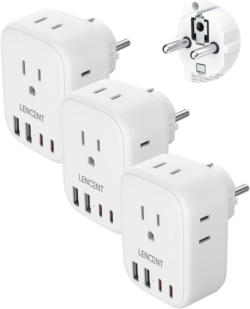 Lencent محول طاقة للسفر من ألمانيا وفرنسا 3 حزمة، محول شوكو نوع E/F مع 4 منافذ USB (2 نوع C)، محول 4 مآخذ، من الولايات المتحدة إلى الاتحاد الأوروبي، إسبانيا، فرنسا، ألمانيا، اليونان، النرويج، آيسلندا، كوريا الجنوبية - Image 1